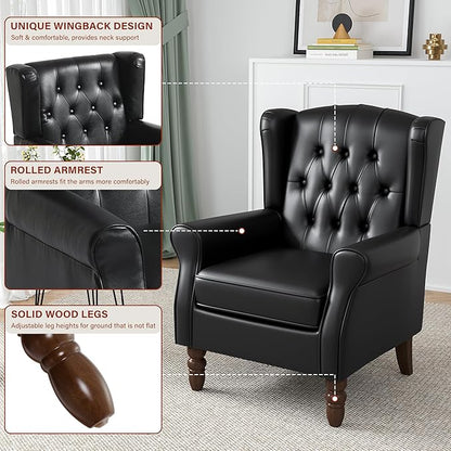 High Back Accent Chair, Faux Leather High Wingback Chair for Living Room, Button-Tufted Upholstered Armchair with Solid Wood Legs, Comfy Single Sofa Reading Chair for Bedroom, Black