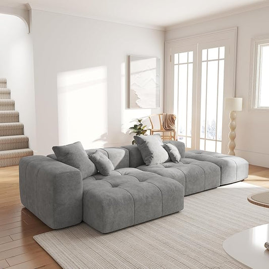 WJShome 119" L Shaped Sectional Couch,Modern Modular Sofa with Ottoman,Linen Deep Loveseat with Pillows Couches for Living Room, Bedroom and Apartment,Gray