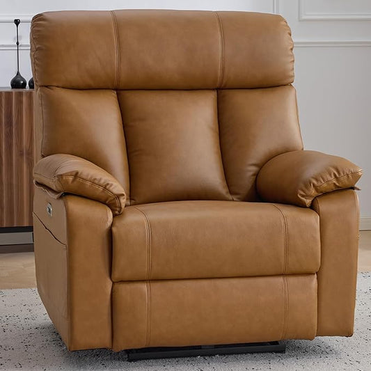 AEDI 450lbs Genuine Leather Power Recliner Chair for Big and Tall Adults Oversized Electric Reclining Sofa for Living Room,Extra Wide 27" Seat,USB Charging(Top Grain Leather,Camel)