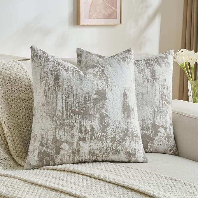 FUTEI Grey White Decorative Throw Pillow Covers 16x16 Inch Set of 2,Soft Faux Cashmere Jacquard - Textured & Cozy Cushion Case,Modern Home Decor for Couch Bed Living Room