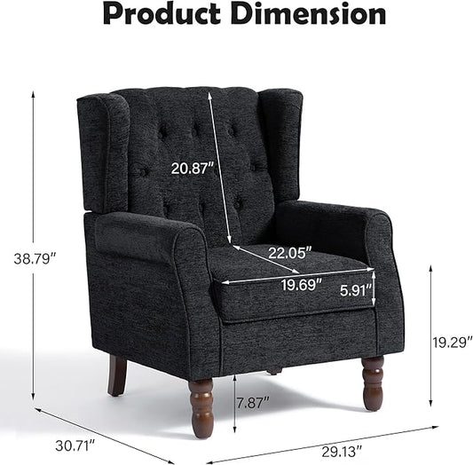 Mid-Century Modern Wingback Chair - Plush Upholstered Accent Armchair with Solid Oak Legs, Ergonomic High Back Lounge Chair for Living Room, Bedroom Office - Retro Reading Chair Bluish Black