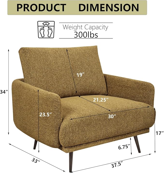 Oversized Accent Chair for Living Room Chairs Reading Arm Chair Comfy Modern Single Sofa Side Chairs with Metal Legs & Soft Cushion for Bedroom, Waiting Room (Chenille Pumpin, Set of 2)