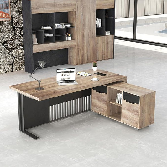70.87 Inch L Shaped Executive Office Desk with 2 Drawers, Modern Home Office Desk with File Cabinet, Business Furniture w/Stand Under Desk Storage Organizer with 4 Wheels