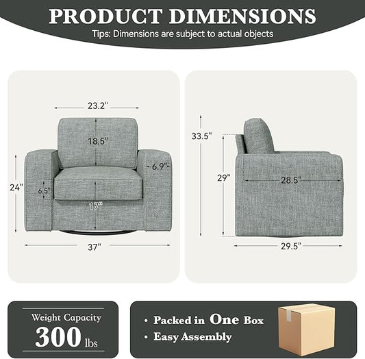 Swivel Accent Sofa Chair Set of 2, 360 Degree Rotation Oversized 36'' Width Cushion Back Armchair in Linen Fabric 1pcs for Living Room, Office(Grey