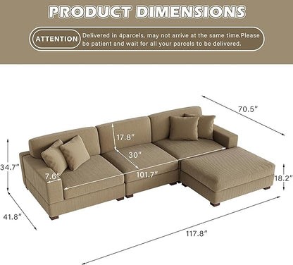 Modular Sectional Couches for Living Room, 118" Modern Upholstered Sofa Couche with Ottoman for Living Room Bedroom, Camel