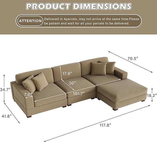 Modular Sectional Couches for Living Room, 118" Modern Upholstered Sofa Couche with Ottoman for Living Room Bedroom, Camel