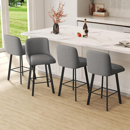 Swivel Bar Stools Set of 6, 26''H Upholstered Barstools with Backs, Modern Counter Height Bar Stool Chairs for Kitchen Island, Metal Legs, Fabric, Gray Counter Stools
