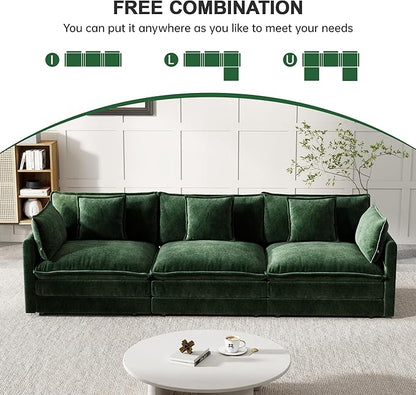 Modular Sectional Sofa, 111.5 Inch I-Shaped Cloud Sofa with Deep Seat Chenille Sofa with Cushions, Three-Self Sectional Sofa for Living Room Apartment,Evergreen