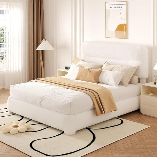 Full Size Cloud Bed Frame, Upholstered Boucle Platform Bed with Adjustable Headboard, Anti-Collision Soft Rounded Corners, Noise Free, Easy Assembly, White