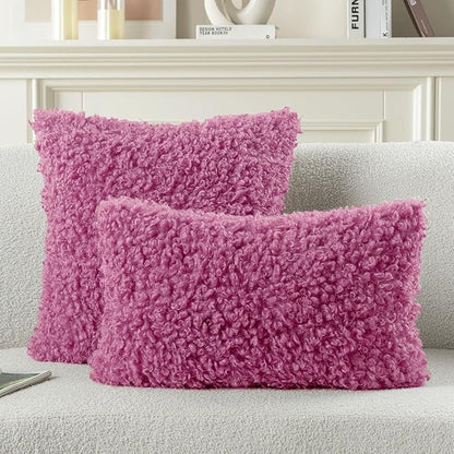 FUTEI Hot Pink Decorative Throw Pillow Covers 22x22 Inch Set of 2,Soft Fluffy Faux Wool Fur Boucle Textured Cushion Case,Modern Home Decor for Couch Bed Living Room Office