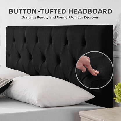Linen Upholstered Headboard Twin Size, Diamond Tufting Solid Wood Twin XL Headboard Only, Adjustable Height from 37” to 51” Head Board, Dorm Bed Frame or Wall Mount Headboards, Black