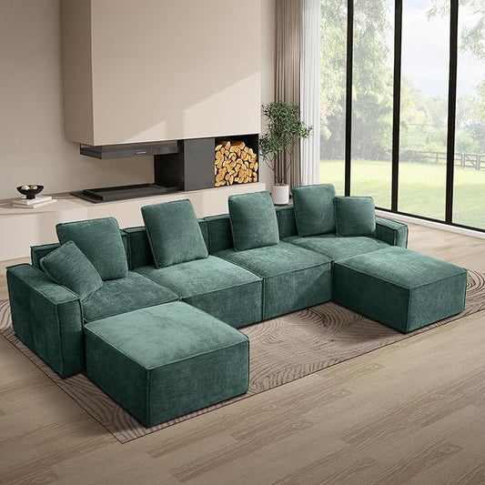WILLOVE 141'' Modular Sectional Sofa, Chenille Cloud Couch with Wide Armrests & 6 Pillows, Deep Seat Couches for Living Room, Green