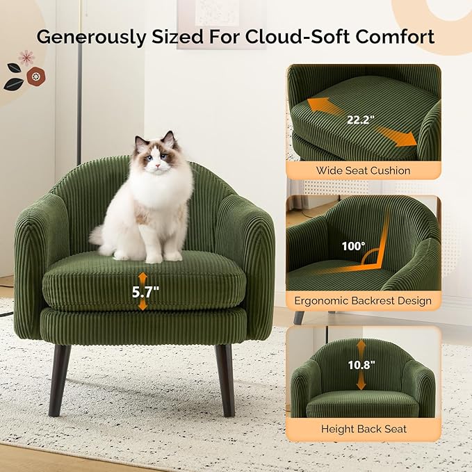 VINGLI 30.3" Wide Modern Barrel Accent Armchair with Track Armrest, Solid Wooden Legs, Comfy Upholstered Club Chair,Round Single Home Sofa for Living Room, Bedroom, Reading Room, Corduroy Green