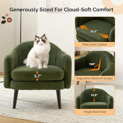 VINGLI 30.3" Wide Modern Barrel Accent Armchairs Set of 2 with Track Armrest, Solid Wooden Legs, Comfy Upholstered Club Chairs, Single Home Sofa for Living Room, Bedroom, Reading Room, Corduroy Green
