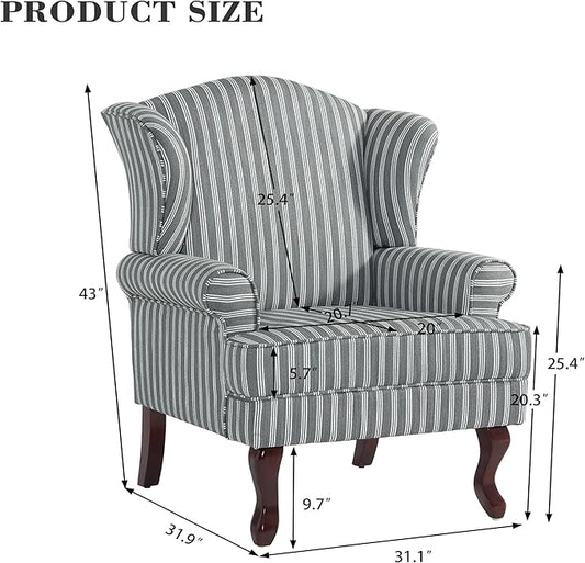 Pia Ricco Stripe High Back Floral Accent Chair, Upholstered Fabric Armchair with Solid Wood Legs - Retro Living Room Reading Chair, Comfortable Single Sofa Seat-Gray