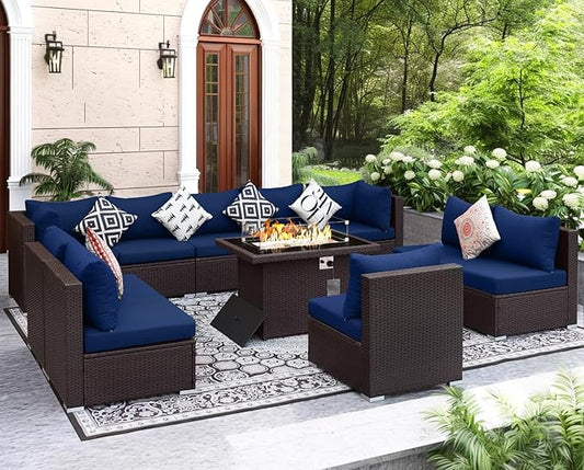 NICESOUL Modern Outdoor Patio Sectional Sofa Set with Firepit Natural Gas/Propane, 29.3'' High Back Wicker Conversation Set, 10 Seats Large Deep Seating Furniture, Brown Rattan and Navy Blue Cushion