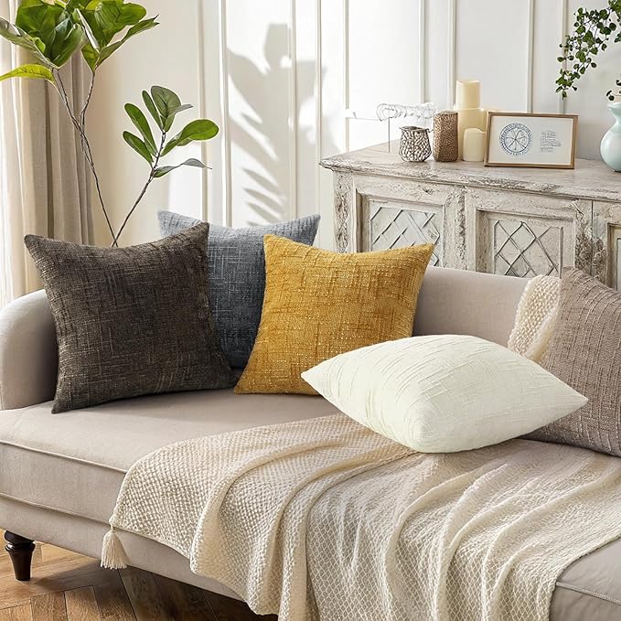 decorUhome Christmas Cream White Chenille Throw Pillow Covers 24x24 Set of 2 Thick Textured Slubby Couch Pillow Covers Farmhouse Accent Modern Neutral Decorative Pillow Cases for Bed Sofa Living Room
