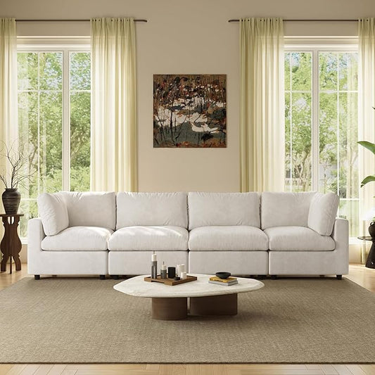 WJShome Modern Sectional Sofa 134 Inch 4-Seater Cloud Couch with Chenille Deep Seat Couches for Living Room, Bedroom and Apartment，Beige