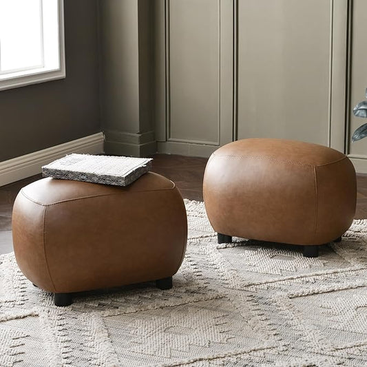 KINWELL 23" Wide Faux Leather Upholstered Ottoman Set of 2, Mid-Century Modern Living Room Footrest with Soft Padded Seat, Footstool for Bedroom, Entryway or Living Room, Camel