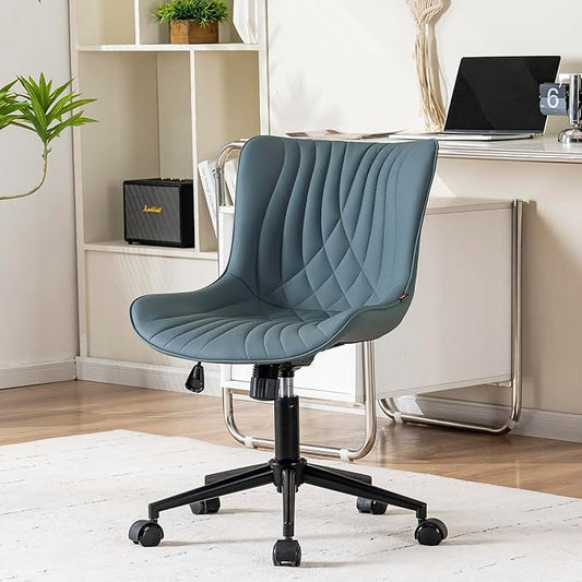 YOUNIKE Office Chair Armless Desk Chair with Wheels, Home Office Computer Task Chair, Modern Faux Leather Upholstered Vanity Chair, Adjustable Swivel Rolling Office Chairs, Greyishgreen