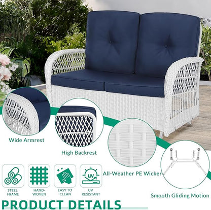 VIVIJASON 5-Piece Outdoor Patio White Wicker Conversation Sets, All Weather Outdoor Rattan Furniture Set Includes Glider Loveseat, 2 Coffee Table, 2 Swivel-Gliders Chairs with Cushions, Navy Blue