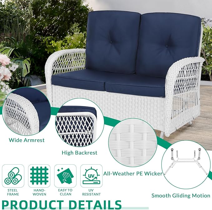 VIVIJASON 4-Piece Outdoor Patio White Wicker Conversation Sets, All Weather Rattan Furniture Set Includes Glider Loveseat, Coffee Table, 2 Glider Rocker Chairs w/Cushion for Lawn Balcony, Navy Blue