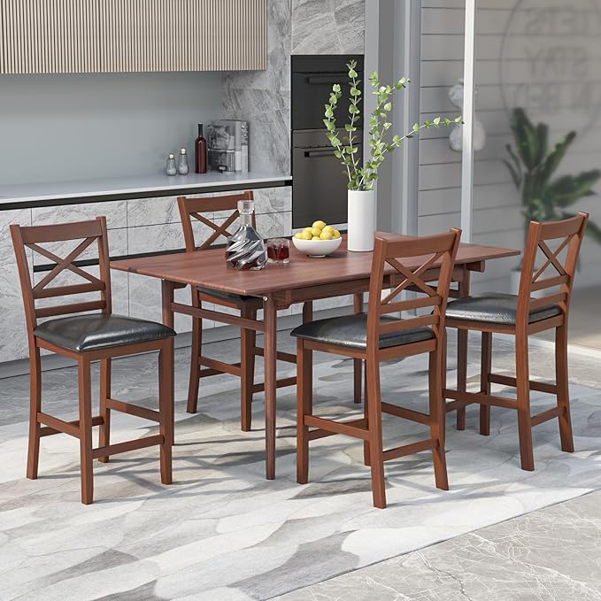 COSTWAY Barstools Set of 2, 25” Counter Height Mid Century Modern Island Chairs with Back, Soft Cushion & Faux Leather Seat, Wooden Armless Kitchen Stools for Home, Cafe Shop, Restaurant, Pub