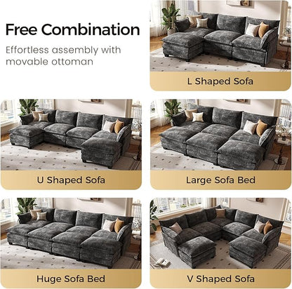 KKL 120" Huge Modular Sectional Sofa Bed, 8 Seater Convertible J/L/U-Shaped Sleeper Cloud Couch with Ottoman, Chenille Sectional Couches for Living Room, Apartment, Grey