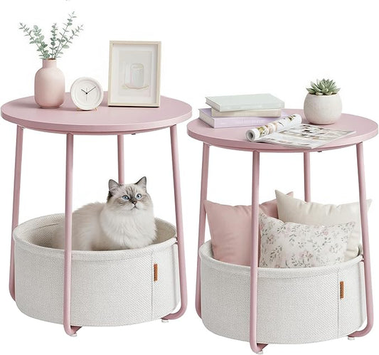 VASAGLE LILEA Collection - Small Round Side End Table, Modern Nightstand with Fabric Basket, for Living Room, Bedroom, Set of 2, Jelly Pink and Cream White ULET225SA01S