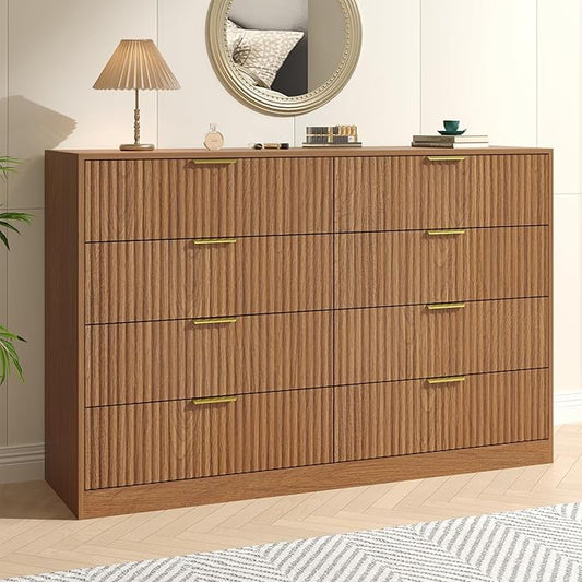 Fluted Dresser for Bedroom with 8 Drawer, 55” Wide Wooden Dresser Mid Century Chest of Drawers w/Gold Handle, Fluted Dressers TV Stand Closet Storage Organizer for Living Room, Natural Oak
