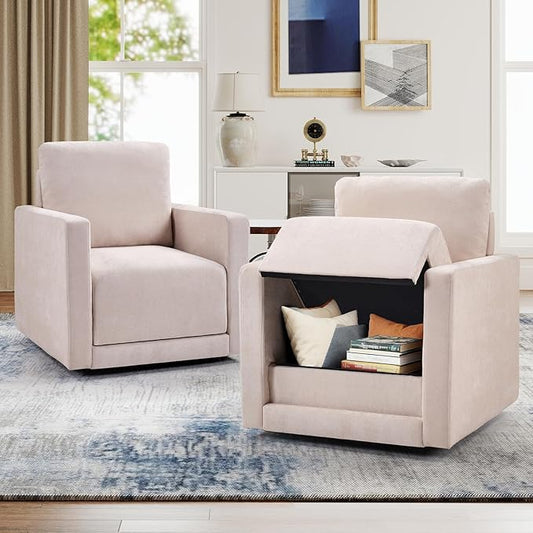 INZOY Swivel Accent Chair Set of 2, Comfy 360° Swivel Chair with Hidden Storage, Upholstered Chenille Square Chair for Living Room Bedroom Small Spaces, Fully Assembled, Beige