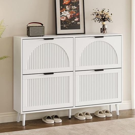 Shoe Cabinet for Entryway with 4 Flip Drawers, Slim Wooden Shoe Storage Organizer with Modern Fluted Pannel，Freestanding Narrow Hidden Shoe Rack for Hallway, Foyer, Living Room