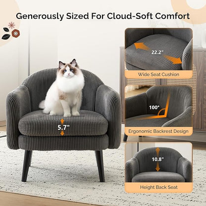 VINGLI 30.3" Wide Modern Barrel Accent Armchairs Set of 2 with Track Armrest, Solid Wooden Legs, Comfy Upholstered Club Chairs, Single Home Sofa for Living Room, Bedroom, Reading Room, Corduroy Grey