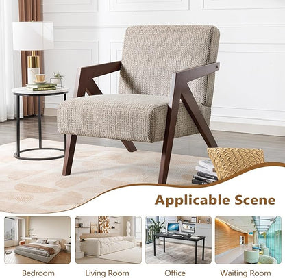 Bonzy Home Mid-Century Modern Accent Chair Set of 2 with Wood Frame, Upholstered Armchair for Bedroom & Living Room, Linen Fabric Cushion, Z-Shaped Armrest Design, Sturdy Lounge Chair,Brown