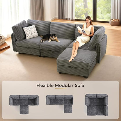 KKL Modular Sectional Sofa L-Shaped 4 Seater Couch with Storage Ottoman, Plush Wide-Wale Corduroy Couch for Living Room, Apartment, Modern Design, Gray