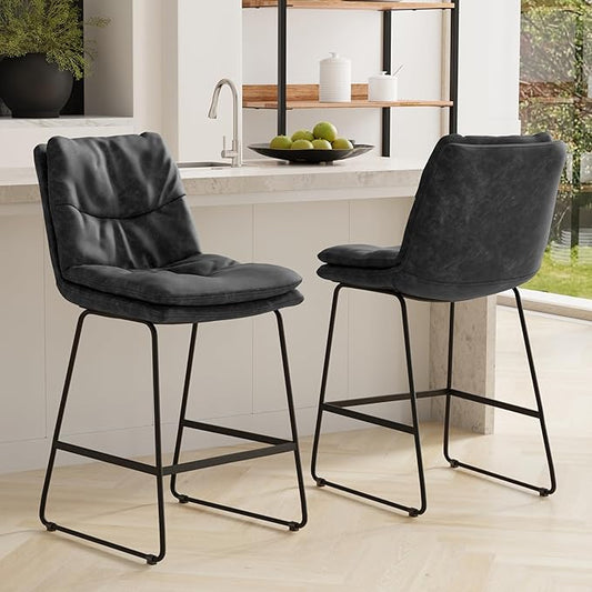 SIMPLIHOME Danika Counter Stools (Set of 2) - 24 Inch Seat Height Upholstered Metal Kitchen Seats in Distressed Charcoal Grey Vegan Faux Leather, Mid Century Seating with Tufted Design and Footrest