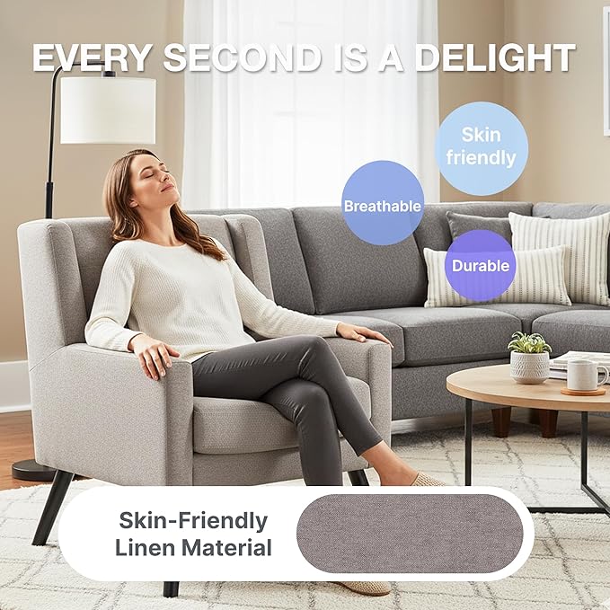 Mid-Century Modern Accent Chair Set of 2, Plush Linen Fabric with Button Tufted High Back & 5" Thick Cushion, High Comfort Reading Chair for Living Room, Bedroom, Office (Light Gray)