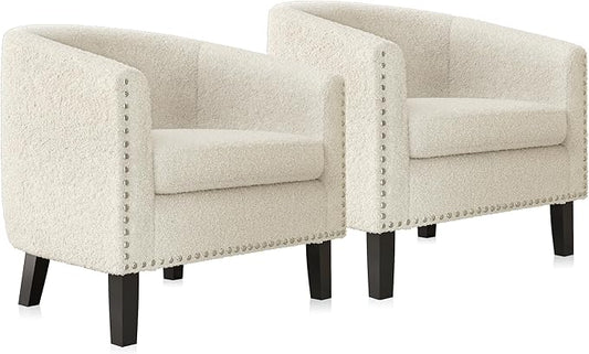 BELLEZE Accent Barrel Chairs Set of 2, Modern Tub Club Chairs Upholstered Armchairs for Living Room, Accent Chairs with Silver Nail Head Trim Black Legs - Kyara (White/Polyester)