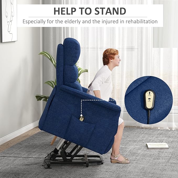 HOMCOM Power Lift Recliner Chair for Elderly, Easy Assembly, Fabric Lift Chair for Adults, Recliner Sofa with Remote Control, Side Pockets for Living Room, Dark Blue