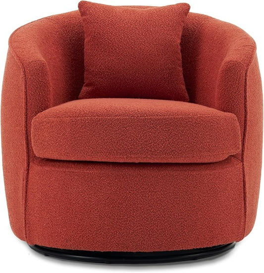 Swivel Accent Chair, Modern Upholstered Boucle Barrel Arm Chairs with Pillow for Living Room, 360 Degree Round Swivel Sherpa Armchair with Round Base for Bedroom Club (1, Orange)