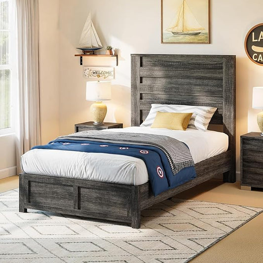 AMERLIFE Farmhouse Twin Platform Bed Frame with 49" Fluted Headboard, Wooden Bed with Natural Grain Finish, Noise-Free, No Box Spring Required, Easy Assembly, Grey