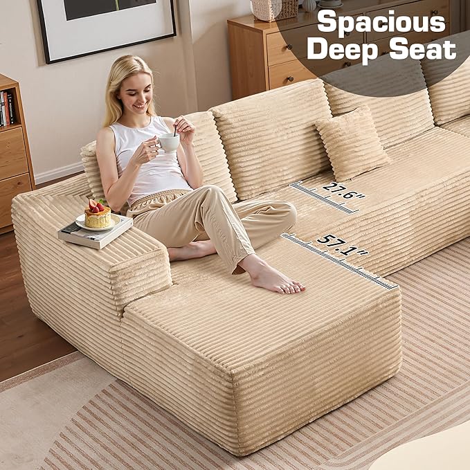 Weaxty Cloud Sectional Couch for Living Room, Oversized L Shaped Boneless Couches, Plush Corduroy Memory Foam Deep Seat Floor Sofa, No Assembly Required，Beige