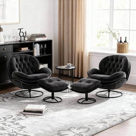 Set of 2 360° Swivel Modern Velvet Accent Chair with Ottoman | Mid-Century Button Tufted Lounge Chair for Living Room & Bedroom, Black