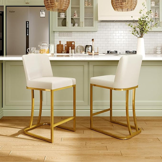 MAISON ARTS Bar Stools Set of 2, 24 Inch Counter Height Barstools with Back, Modern Upholstered Faux Leather Bar Chairs for Kitchen Island Home Bar, Gold Metal Frame, Footrest, Off White