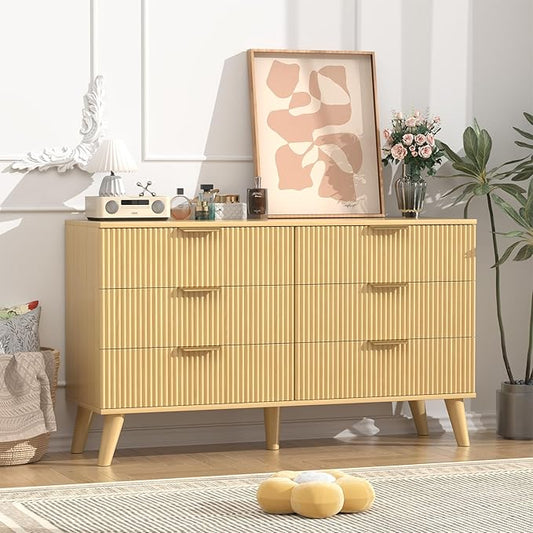 Boho Fluted 6 Drawer Dresser for Bedroom, Chest of Drawers with Solid Wood Legs, Modern Dresser Chest Cabinet Organizer with Golden Handles, Beside Table for Closet, Hallway, Bedroom