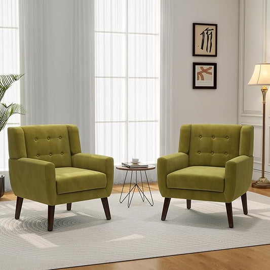 Accent Chair, Mid-Century Modern Velvet Fabric Chairs with Arms for Living Room, Comfy Upholstered Club Single Sofa Armchair for Bedroom Waiting Room with Solid Wood Frame (Velvet Green, Set of 2)