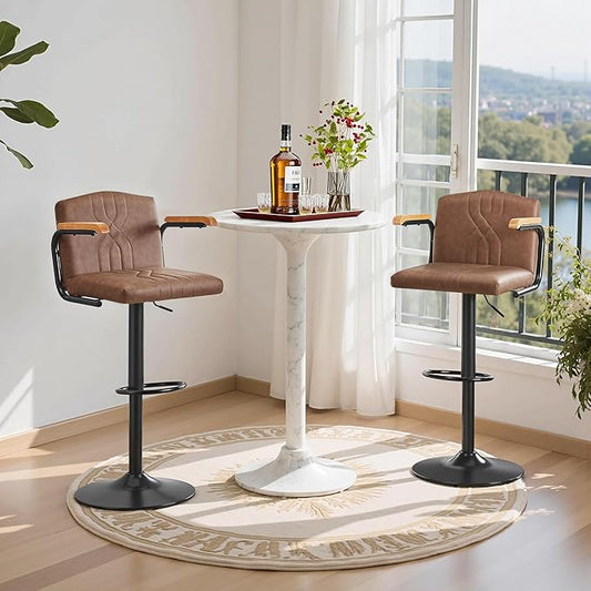 VECELO Bar Stools Set of 2, Adjustable & Swivel Faux Leather Bar Stools with Backs and Footrest, for Kitchen Islands, Dining Counters, Home Bars, Brown