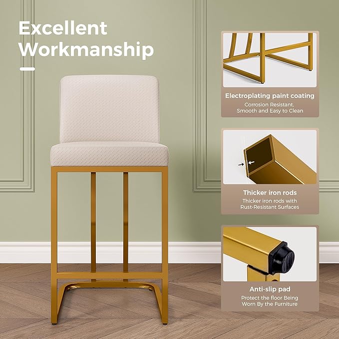 MAISON ARTS Bar Stools Set of 2, 24 Inch Counter Height Barstools with Back, Modern Upholstered Faux Leather Bar Chairs for Kitchen Island Home Bar, Gold Metal Frame, Footrest, Off White