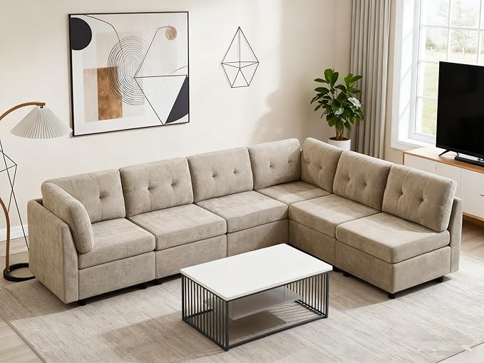 VANOMi 6 Seater Modular Cloud Sofa, 118" Convertible Sectional Cloud Sofas & Couches for Living Room, Comfy Chenille Sectional Couch Sofa for Living Room, Apartment, Office, Camel, L/U Shaped