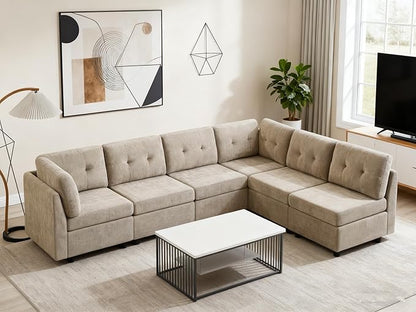 VANOMi 6 Seater Modular Cloud Sofa, 118" Convertible Sectional Cloud Sofas & Couches for Living Room, Comfy Chenille Sectional Couch Sofa for Living Room, Apartment, Office, Camel, L/U Shaped